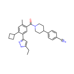 CCc1cc(-c2cc(C(=O)N3CCC(c4ccc(C#N)cc4)CC3)c(C)cc2C2CCC2)n[nH]1 ZINC000150298692