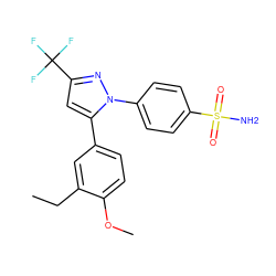 CCc1cc(-c2cc(C(F)(F)F)nn2-c2ccc(S(N)(=O)=O)cc2)ccc1OC ZINC000003814709