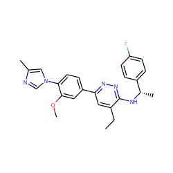 CCc1cc(-c2ccc(-n3cnc(C)c3)c(OC)c2)nnc1N[C@@H](C)c1ccc(F)cc1 ZINC000072173360