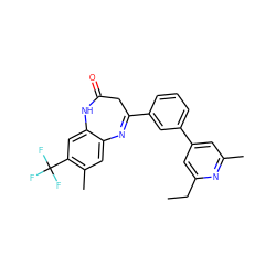 CCc1cc(-c2cccc(C3=Nc4cc(C)c(C(F)(F)F)cc4NC(=O)C3)c2)cc(C)n1 ZINC000101383237