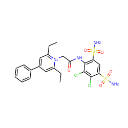 CCc1cc(-c2ccccc2)cc(CC)[n+]1CC(=O)Nc1c(S(N)(=O)=O)cc(S(N)(=O)=O)c(Cl)c1Cl ZINC000026750205