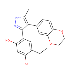 CCc1cc(-c2n[nH]c(C)c2-c2ccc3c(c2)OCCO3)c(O)cc1O ZINC000008536348