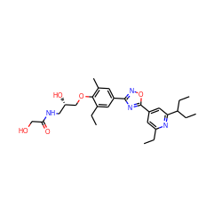 CCc1cc(-c2nc(-c3cc(C)c(OC[C@@H](O)CNC(=O)CO)c(CC)c3)no2)cc(C(CC)CC)n1 ZINC000103244003