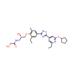 CCc1cc(-c2nc(-c3cc(C)c(OC[C@@H](O)CNC(=O)CO)c(CC)c3)no2)cc(OC2CCCC2)n1 ZINC000653848320