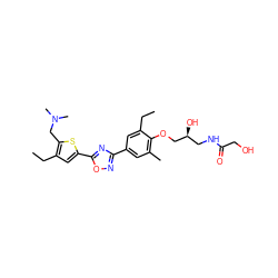 CCc1cc(-c2nc(-c3cc(C)c(OC[C@@H](O)CNC(=O)CO)c(CC)c3)no2)sc1CN(C)C ZINC000114774526