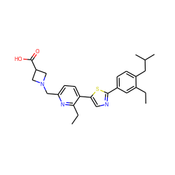 CCc1cc(-c2ncc(-c3ccc(CN4CC(C(=O)O)C4)nc3CC)s2)ccc1CC(C)C ZINC000084617060