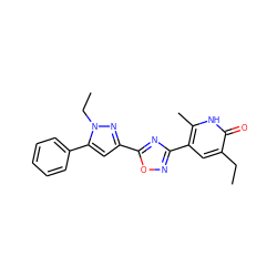 CCc1cc(-c2noc(-c3cc(-c4ccccc4)n(CC)n3)n2)c(C)[nH]c1=O ZINC000116974352