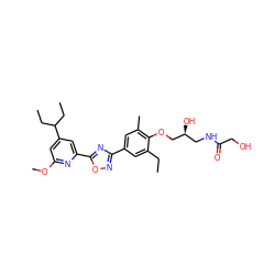 CCc1cc(-c2noc(-c3cc(C(CC)CC)cc(OC)n3)n2)cc(C)c1OC[C@@H](O)CNC(=O)CO ZINC000653846182