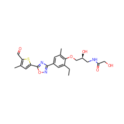 CCc1cc(-c2noc(-c3cc(C)c(C=O)s3)n2)cc(C)c1OC[C@@H](O)CNC(=O)CO ZINC000117930458