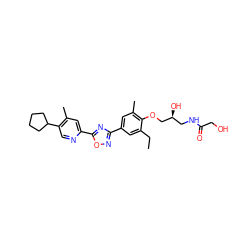 CCc1cc(-c2noc(-c3cc(C)c(C4CCCC4)cn3)n2)cc(C)c1OC[C@@H](O)CNC(=O)CO ZINC000103244058