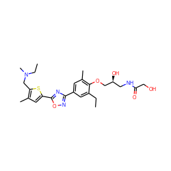 CCc1cc(-c2noc(-c3cc(C)c(CN(C)CC)s3)n2)cc(C)c1OC[C@@H](O)CNC(=O)CO ZINC000114774576