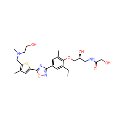 CCc1cc(-c2noc(-c3cc(C)c(CN(C)CCO)s3)n2)cc(C)c1OC[C@@H](O)CNC(=O)CO ZINC000653856811