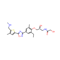 CCc1cc(-c2noc(-c3cc(C)c(CNC)s3)n2)cc(C)c1OC[C@@H](O)CNC(=O)CO ZINC000653856832