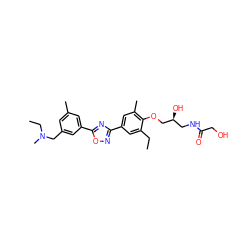 CCc1cc(-c2noc(-c3cc(C)cc(CN(C)CC)c3)n2)cc(C)c1OC[C@@H](O)CNC(=O)CO ZINC000043207552