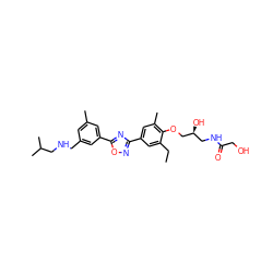 CCc1cc(-c2noc(-c3cc(C)cc(CNCC(C)C)c3)n2)cc(C)c1OC[C@@H](O)CNC(=O)CO ZINC000653849008