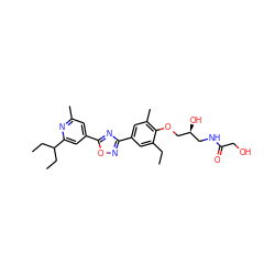 CCc1cc(-c2noc(-c3cc(C)nc(C(CC)CC)c3)n2)cc(C)c1OC[C@@H](O)CNC(=O)CO ZINC000103251746