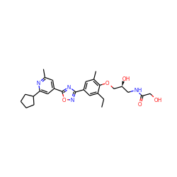 CCc1cc(-c2noc(-c3cc(C)nc(C4CCCC4)c3)n2)cc(C)c1OC[C@@H](O)CNC(=O)CO ZINC000103243998