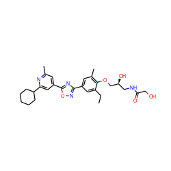 CCc1cc(-c2noc(-c3cc(C)nc(C4CCCCC4)c3)n2)cc(C)c1OC[C@@H](O)CNC(=O)CO ZINC000103244000