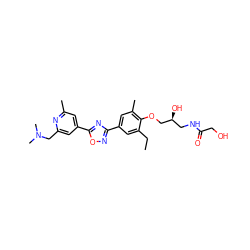 CCc1cc(-c2noc(-c3cc(C)nc(CN(C)C)c3)n2)cc(C)c1OC[C@@H](O)CNC(=O)CO ZINC000653856833