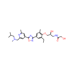 CCc1cc(-c2noc(-c3cc(C)nc(CN(C)CC(C)C)c3)n2)cc(C)c1OC[C@@H](O)CNC(=O)CO ZINC000653857027