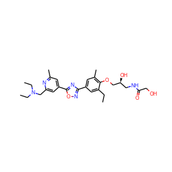 CCc1cc(-c2noc(-c3cc(C)nc(CN(CC)CC)c3)n2)cc(C)c1OC[C@@H](O)CNC(=O)CO ZINC000653856864