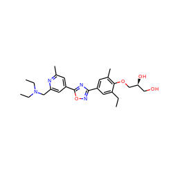 CCc1cc(-c2noc(-c3cc(C)nc(CN(CC)CC)c3)n2)cc(C)c1OC[C@@H](O)CO ZINC000653856830