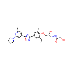 CCc1cc(-c2noc(-c3cc(C)nc(N4CCCC4)c3)n2)cc(C)c1OC[C@@H](O)CNC(=O)CO ZINC000043198024