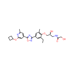 CCc1cc(-c2noc(-c3cc(C)nc(OC4CCC4)c3)n2)cc(C)c1OC[C@@H](O)CNC(=O)CO ZINC000653845055