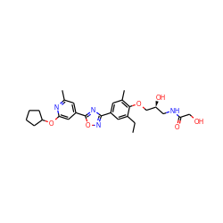 CCc1cc(-c2noc(-c3cc(C)nc(OC4CCCC4)c3)n2)cc(C)c1OC[C@@H](O)CNC(=O)CO ZINC000653848270