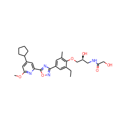 CCc1cc(-c2noc(-c3cc(C4CCCC4)cc(OC)n3)n2)cc(C)c1OC[C@@H](O)CNC(=O)CO ZINC000653846500