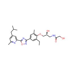 CCc1cc(-c2noc(-c3cc(CC(C)C)cc(C)n3)n2)cc(C)c1OC[C@@H](O)CNC(=O)CO ZINC000043207549