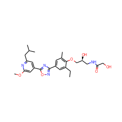 CCc1cc(-c2noc(-c3cc(CC(C)C)nc(OC)c3)n2)cc(C)c1OC[C@@H](O)CNC(=O)CO ZINC000167078670