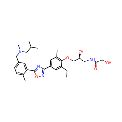 CCc1cc(-c2noc(-c3cc(CN(C)CC(C)C)ccc3C)n2)cc(C)c1OC[C@@H](O)CNC(=O)CO ZINC000653852788