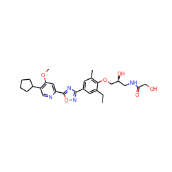 CCc1cc(-c2noc(-c3cc(OC)c(C4CCCC4)cn3)n2)cc(C)c1OC[C@@H](O)CNC(=O)CO ZINC000653850054