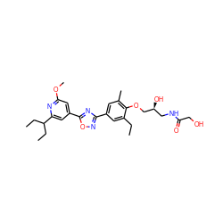 CCc1cc(-c2noc(-c3cc(OC)nc(C(CC)CC)c3)n2)cc(C)c1OC[C@@H](O)CNC(=O)CO ZINC000167231415