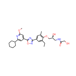 CCc1cc(-c2noc(-c3cc(OC)nc(C4CCCCC4)c3)n2)cc(C)c1OC[C@@H](O)CNC(=O)CO ZINC000167266593