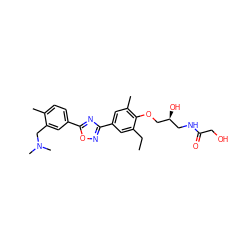 CCc1cc(-c2noc(-c3ccc(C)c(CN(C)C)c3)n2)cc(C)c1OC[C@@H](O)CNC(=O)CO ZINC000653856277