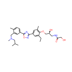 CCc1cc(-c2noc(-c3ccc(C)c(CN(C)CC(C)C)c3)n2)cc(C)c1OC[C@@H](O)CNC(=O)CO ZINC000653844304