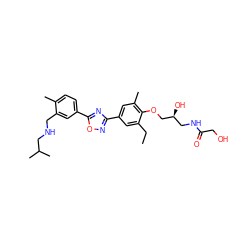 CCc1cc(-c2noc(-c3ccc(C)c(CNCC(C)C)c3)n2)cc(C)c1OC[C@@H](O)CNC(=O)CO ZINC000653844303