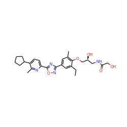 CCc1cc(-c2noc(-c3ccc(C4CCCC4)c(C)n3)n2)cc(C)c1OC[C@@H](O)CNC(=O)CO ZINC000103244060