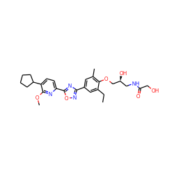 CCc1cc(-c2noc(-c3ccc(C4CCCC4)c(OC)n3)n2)cc(C)c1OC[C@@H](O)CNC(=O)CO ZINC000653850104