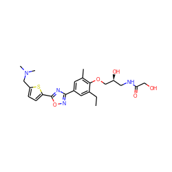 CCc1cc(-c2noc(-c3ccc(CN(C)C)s3)n2)cc(C)c1OC[C@@H](O)CNC(=O)CO ZINC000653849050