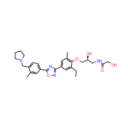 CCc1cc(-c2noc(-c3ccc(CN4CCCC4)c(C)c3)n2)cc(C)c1OC[C@@H](O)CNC(=O)CO ZINC000653849271