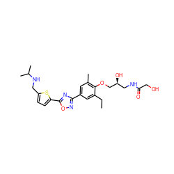 CCc1cc(-c2noc(-c3ccc(CNC(C)C)s3)n2)cc(C)c1OC[C@@H](O)CNC(=O)CO ZINC000653850795