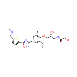 CCc1cc(-c2noc(-c3ccc(CNC)s3)n2)cc(C)c1OC[C@@H](O)CNC(=O)CO ZINC000653849092