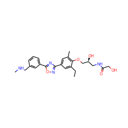 CCc1cc(-c2noc(-c3cccc(CNC)c3)n2)cc(C)c1OC[C@@H](O)CNC(=O)CO ZINC000653847482