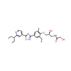 CCc1cc(-c2noc(-c3ccnc(C(CC)CC)c3)n2)cc(C)c1OC[C@@H](O)CNC(=O)CO ZINC000103244048