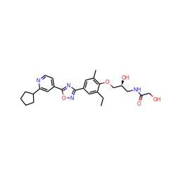 CCc1cc(-c2noc(-c3ccnc(C4CCCC4)c3)n2)cc(C)c1OC[C@@H](O)CNC(=O)CO ZINC000103241776