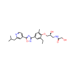 CCc1cc(-c2noc(-c3ccnc(CC(C)C)c3)n2)cc(C)c1OC[C@@H](O)CNC(=O)CO ZINC000103244042