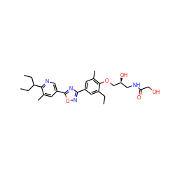 CCc1cc(-c2noc(-c3cnc(C(CC)CC)c(C)c3)n2)cc(C)c1OC[C@@H](O)CNC(=O)CO ZINC000103245229